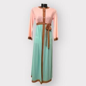 VINTAGE 60s 70s Color Block Translucent Maxi Dress Womens S Muslin Cottage Pink